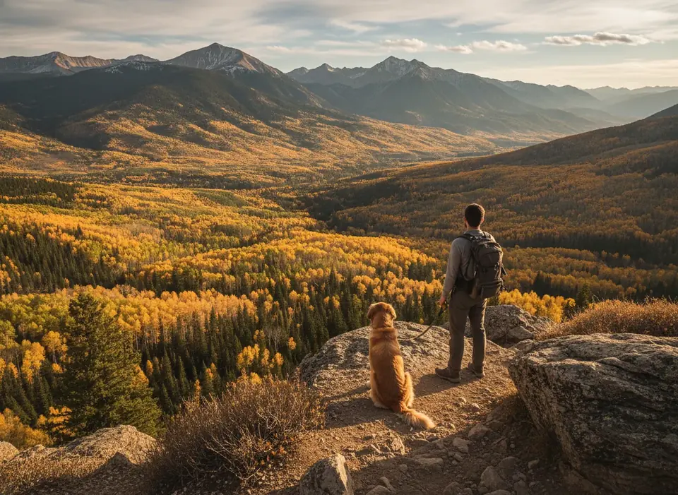 Hiker and dog at an overlook above a Colorado valley