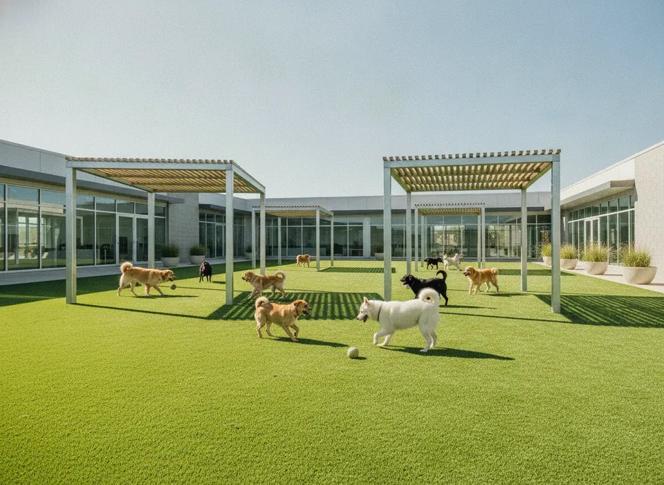Dogs in a boarding kennel play yard
