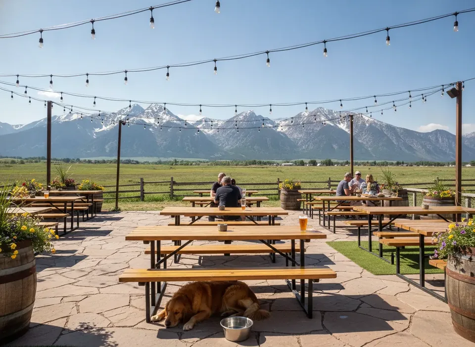 Dog-friendly brewery patio with mountain views