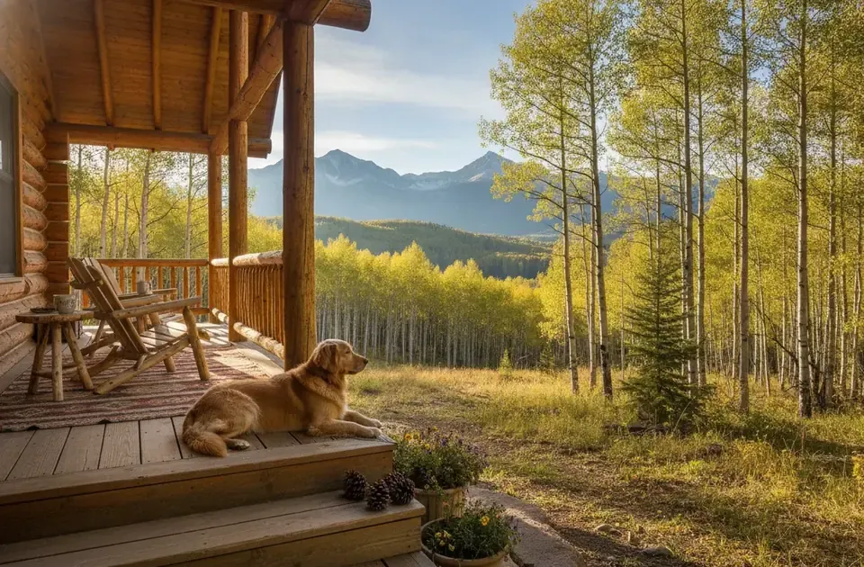 Dog on the porch of a Colorado mountain cabin