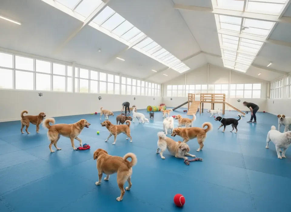 Group of dogs playing in a supervised indoor daycare room with rubber flooring