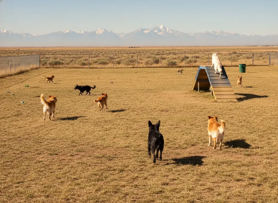 Off-leash dog park with mountains on the horizon