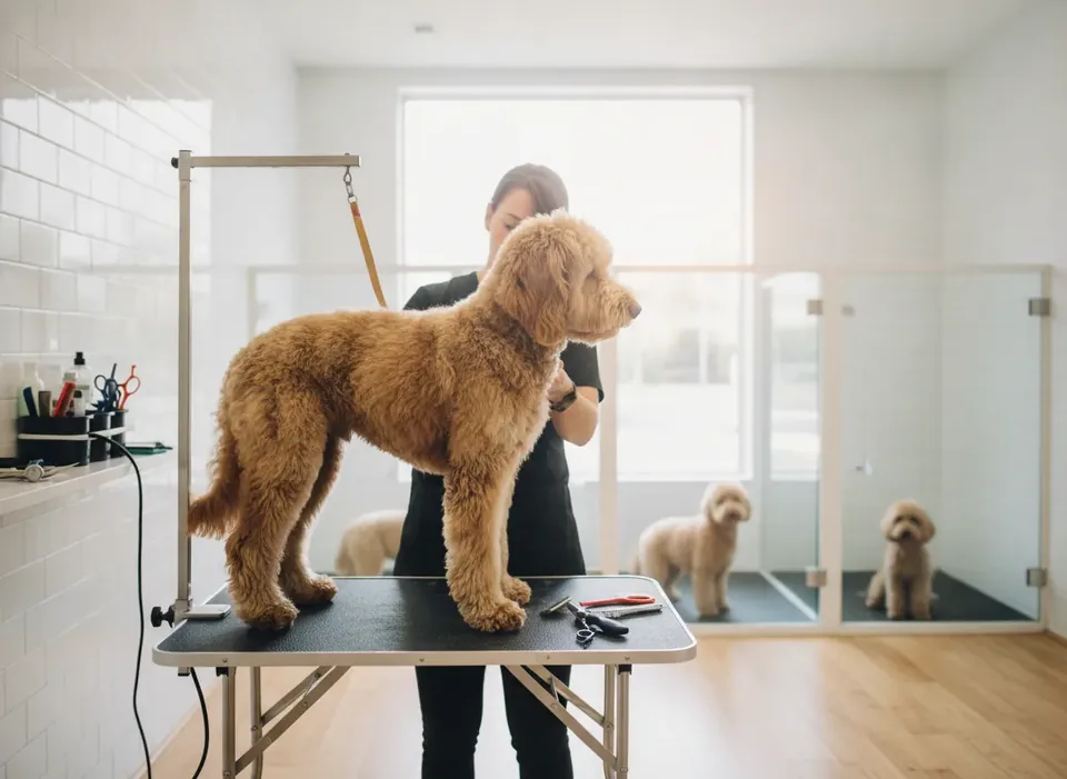 Groomer drying a freshly bathed dog on a grooming table