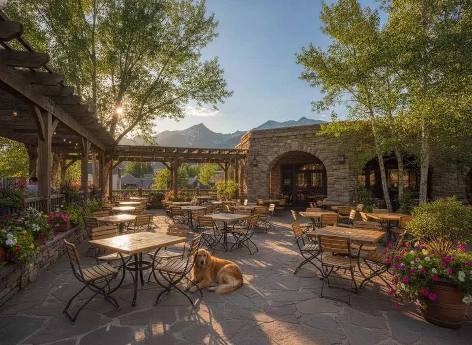 Dog on a restaurant patio in a Colorado mountain town