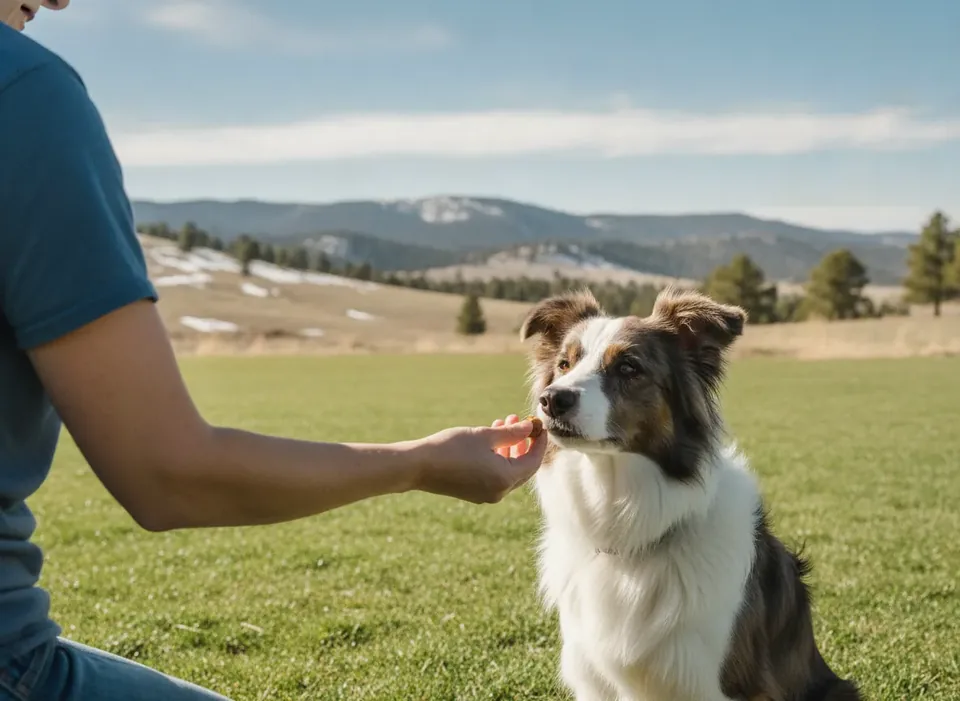 Border collie sitting for a trainer on a Colorado field