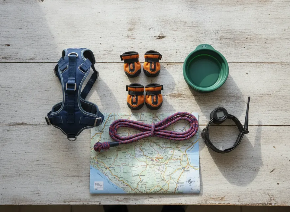 Dog hiking gear laid out with a Colorado trail map