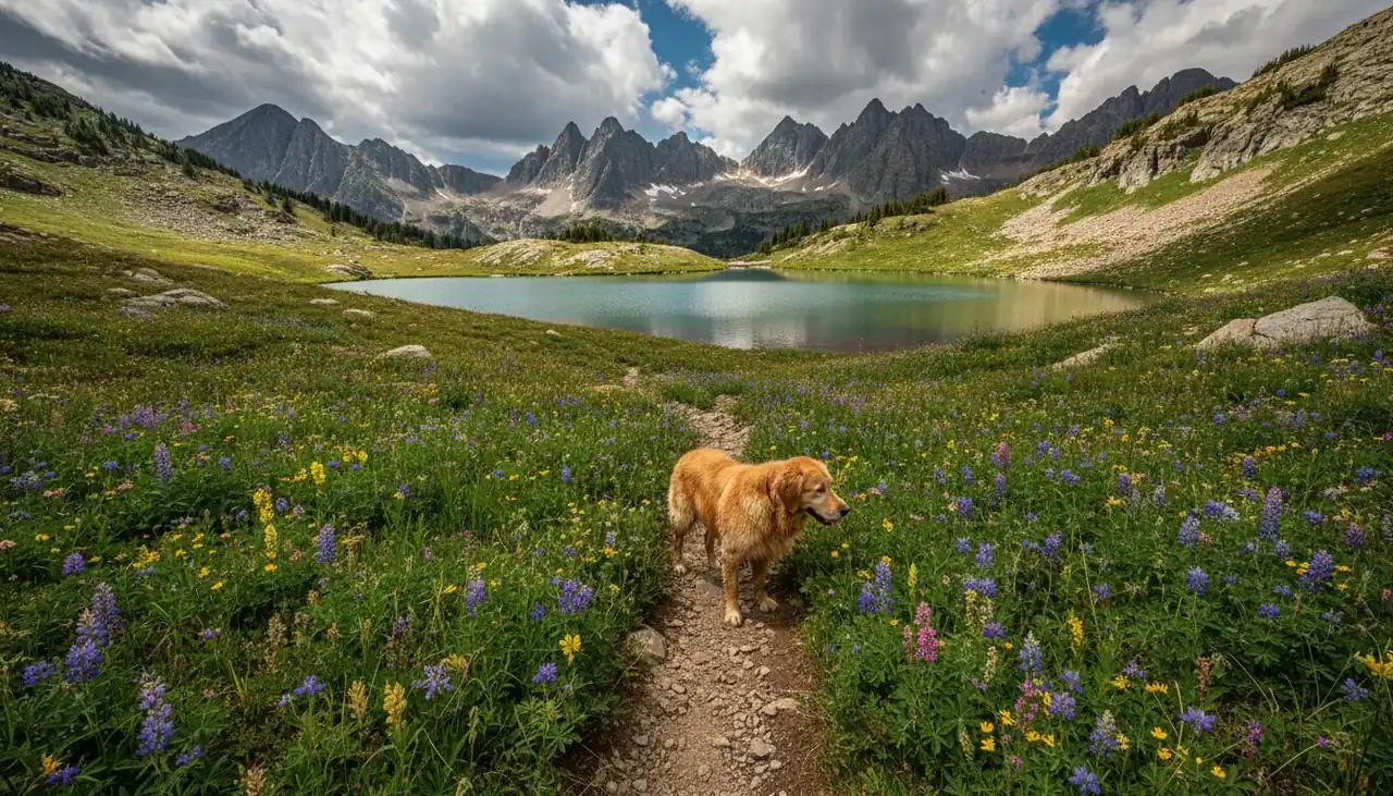 Illustration of an alpine lake trail in the Colorado mountains
